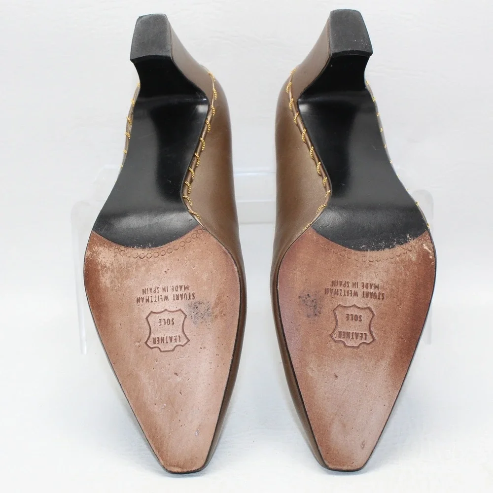 Vintage Stuart Weitzman Women Bronze Metallic Leather Chain Block Pumps 7.5B